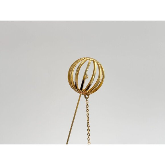 Gold T Spherical Cage w/ Safety Chain Vintage Stick Pin | Hat Pin | Lapel Pin - Picture 2 of 10
